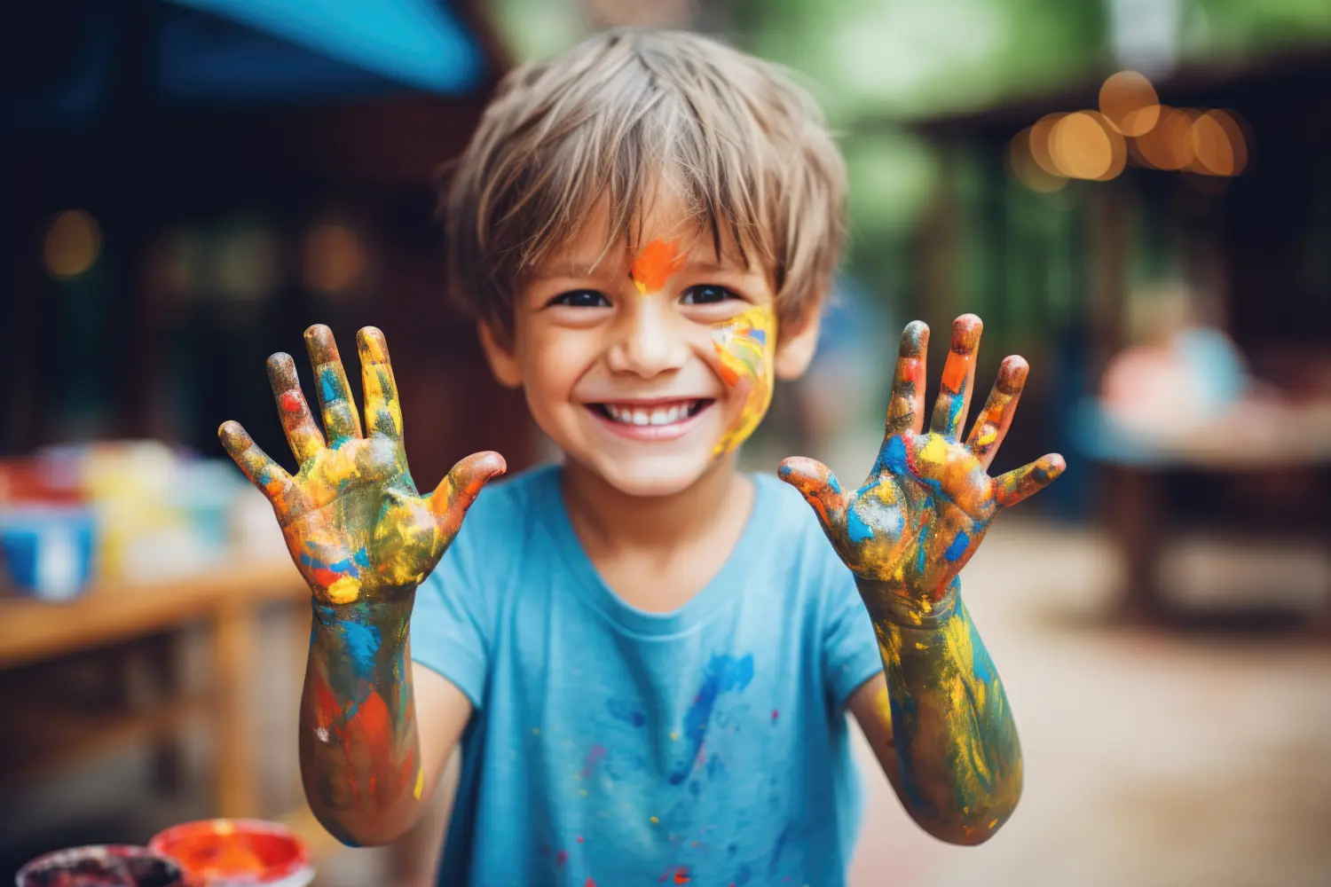Lächelnder kleiner Junge mit Farbe auf Händen und Gesicht